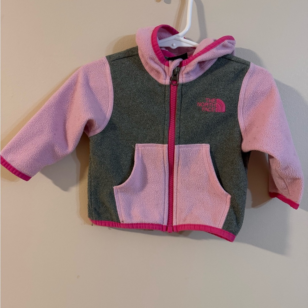 The North Face Pink and Gray Hooded Fleece Jacket 3-6 months